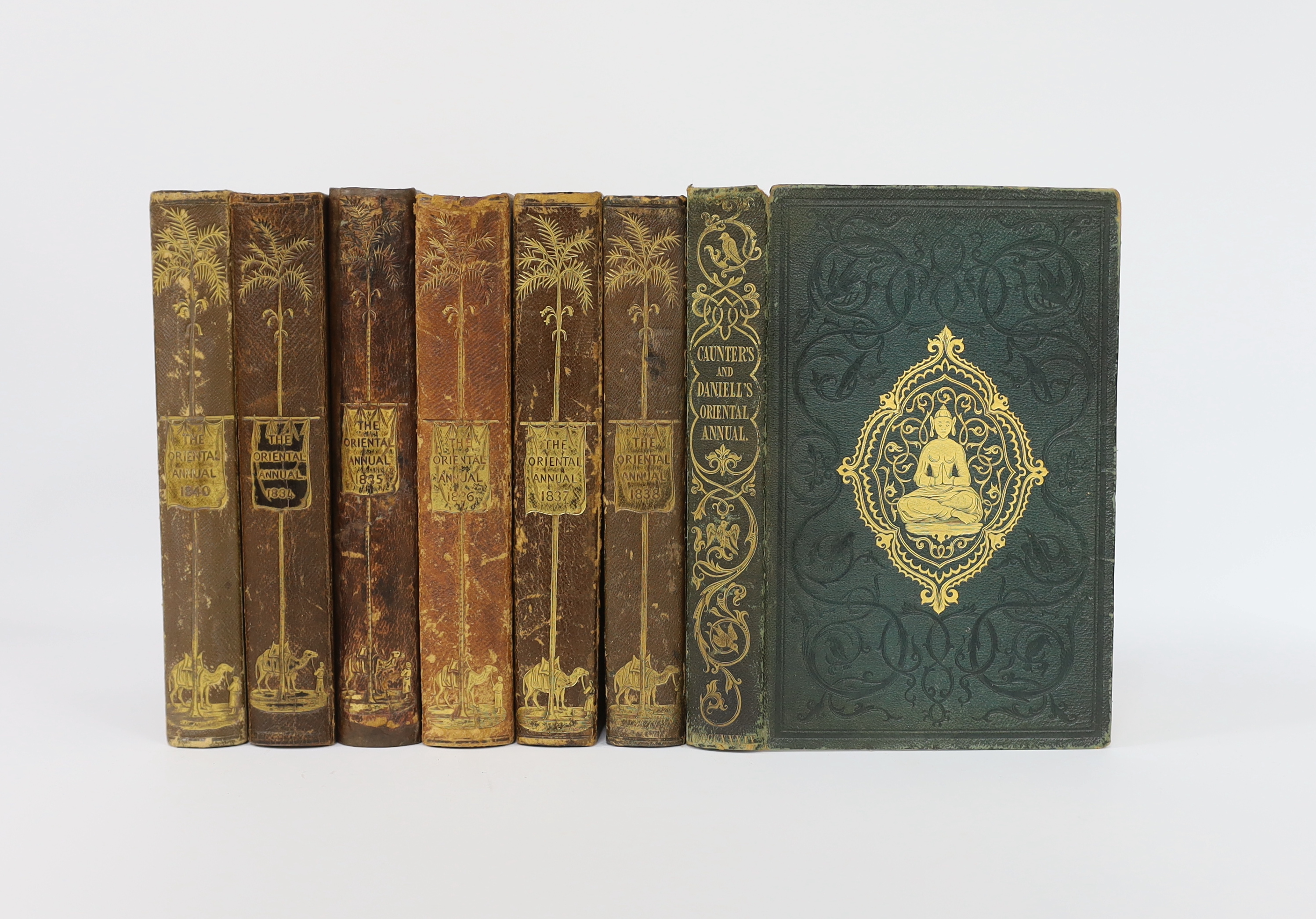 The Oriental Annual, or Scenes in India ... 7 vols., pictorial engraved and printed titles, frontispieces and 138 (ex 139) plates; publisher's gilt pictorial and blind decorated morocco, ge. 1834-40